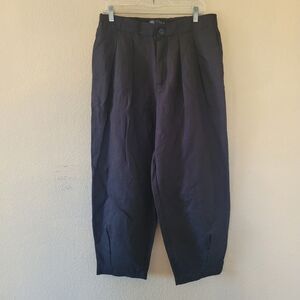 Zara Barrel Pants Sz Large Black Linen Wide Leg High Rise Baggy Pockets Pleated